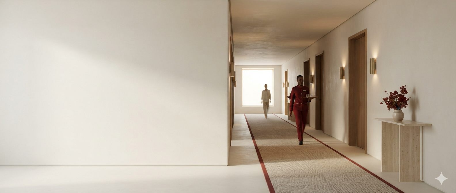 A hospitality attendant carrying a tray along a sunlit corridor