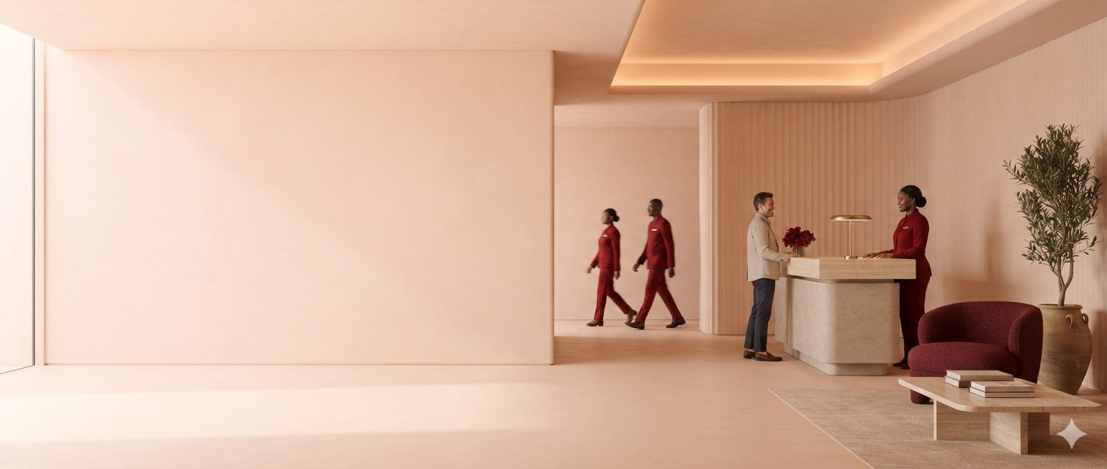 Hospitality staff welcoming a guest at a warm, minimalist reception desk